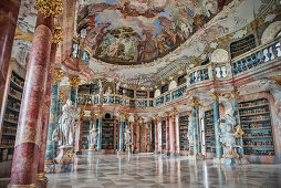 splendid library with columns, sculptures and ceiling frescos, Wiblingen Monastry, Ulm at Danube River, Swabian Alb, Baden-Wuerttemberg, Germany