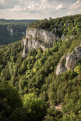 view towards forest and rock landscape in the Upper Danube Nature Park, Sigmaringen, Tuttlingen, Zollernalb, Biberach, Swabian Alb, Baden-Wuerttemberg, Germany