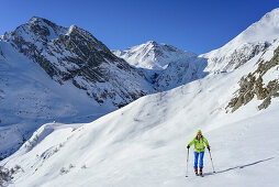 Woman back-country skiing ascending towards Monte Salza, in background Monte Pence and Buc Faraut, Monte Salza, Valle Varaita, Cottian Alps, Piedmont, Italy