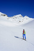 Frau auf Skitour steigt zum Monte Salza auf, Monte Salza, Valle Varaita, Cottische Alpen, Piemont, Italien