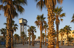 Placa del Mar, Torre de St.Sebastia, Turm der Drahtseilbahn, Uferpromenade, Stadtviertel Barceloneta, Barcelona, Katalonien, Spanien, Europa