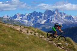 mountain biker on a single-trail at Pale di San Martino, Trentino Italy