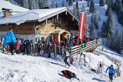 Terrace of hut Hochalm, Hochalm, Sonntagshorn, Chiemgau range, Salzburg, Austria