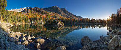 Lake Saoseo (2028 m) with Scima di Saoseo (3264 m), Cima da Rugiul (2987 m) und Piz dal Teo (3049 m), Valposchiavo, Grisons, Switzerland