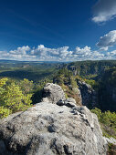 Blick auf den Heringstein und den kleinen Zschand im Sommer mit Felsen im Vordergrund, Nationalpark Sächsische Schweiz, Sachsen, Deutschland