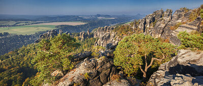 Panorama of Schrammsteine in the morning sun seen from the Elbtalaussicht, Saxon Switzerland National Park, Saxony, Germany