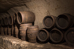 Historic barrels on display in Katakomben catacomb tunnel system of Bayreuther Bierbrauerei AG, Bayreuth, Franconia, Bavaria, Germany