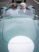 1959 Aston Martin DBR1, driver Tony Brooks (L) and Sir Stirling Moss (R), Jim Clark Parade, Goodwood Revival, racing, car racing, classic car, Chichester, Sussex, United Kingdom, Great Britain