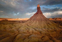 Sunrise at Castil de Tierra, El Castildetierra, Bardenas Reales, semi-desert natural region (badlands), UNESCO biosphere reserve, Bardena Blanca, White Bardena, Navarra, Spain