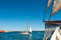 View from a sailing boat, Hanseatic City, Luebeck, Travemuende, Baltic Coast, Schleswig-Holstein, Germany