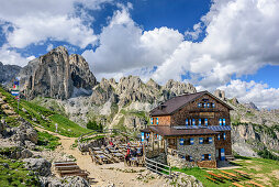 Hut Rotwandhuette, Rifugio Roda di Vael, with Mugoni in background, Rotwand, Rosengarten, UNESCO world heritage Dolomites, Dolomites, Trentino, Italy