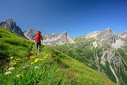 Frau wandert durch Blumenwiese auf Dremelspitze, Schneekarlespitze, Parzinnspitze und Kogelseespitze zu, Lechtaler Alpen, Tirol, Österreich