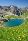 Lake with Lechtal Alps with Vorderer Gufelkofel in background, lake Gufelsee, Lechtal Alps, Tyrol, Austria