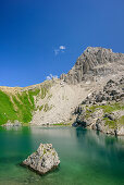 Lake with Parzinnspitze in background, lake Gufelsee, Lechtal Alps, Tyrol, Austria