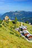 Koenigshaus at Schachen and alpine hut with Wank and Krottenkopf in background, Schachen, Wetterstein range, Werdenfelser Land, Upper Bavaria, Bavaria, Germany