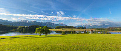 View over Forggensee to Tegelberg, Saeuling and Tannheimer Berge, Allgaeu, Bavaria, Germany