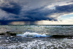 Thunderclouds at western beach, Darss, National Park Vorpommersche Boddenlandschaft, Baltic Sea, Mecklenburg-West Pomerania, Germany