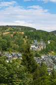 View over Lauscha village, nature park Thueringer Wald, Thuringia, Germany