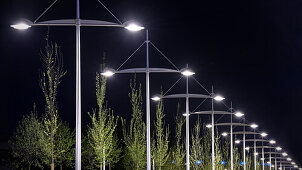 Straßenbeleuchtung von neu errichteter Busspur im Einzugsgebiet von Straßburg, Elsass, Frankreich