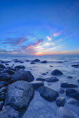 Beach mit rocks in the sea at sunset, Binz, Island of Rügen, Baltic Sea, Mecklenburg Western Pomerania, Germany