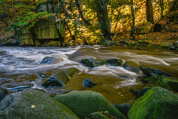 River Bode passing stones and rocks in autumn, Bode Valley,  Thale, Harz Foreland, Harz Mountains, Saxony-Anhalt, Germany
