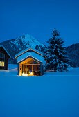 snow covered cabins at night, Schoppernau, Bregenz district, Vorarlberg, Austria