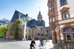 St. Nicholas Church with Nicholas Column, artist Andreas Stoetzer, centre of peaceful revolt against communist rule, Leipzig, Saxony, Germany, Europe