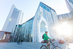 Paulineum, assembly hall and church of the University of Leipzig, City Hochhaus, Panorama Tower, students on their bicycles, Augustus Plaza, Augustus Square, Leipzig, Saxony, Germany, Europe