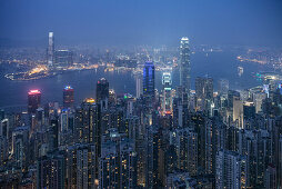 typical view at Skyline and Victoria Harbour from the Peak at night, Hongkong Island, China, Asia