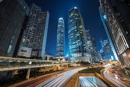 view at IFC one and two with light traces of cars at night, Central District, Hongkong Island, China, Asia