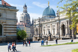 Old town of Dresden with Bruehl's Terrace, Albertinum, Art Academy, Frauenkirche, tourists, Dresden, Saxony, Germany, Europe