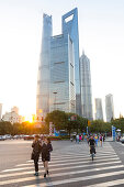 Street scene Pudong, skyline of Shanghai, sunset, Shanghai Tower, Shanghai World Financial Center, Jinmao Tower, financial district, Shanghai, China, Asia