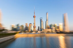 Symbol of Shanghai, skyline, dynamic zoom photo, sunset, Oriental Pearl Tower, Shanghai World Financial Center, Jinmao Tower, Shanghai Tower, Huangpu River, Shanghai, China, Asia