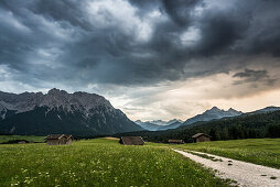 meadows and thunderstorm, near Mittenwald, Upper Bavaria, Bavaria, Germany
