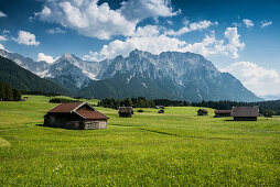 Meadows and barns, near Mittenwald, Upper Bavaria, Bavaria, Germany