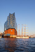 Segelschiff Loth Lorien vor der Elbphilharmonie, Hamburg, Deutschland