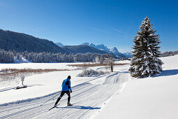 Cross-country skiing at Geroldsee, view to Zugspitz range with Alpspitze, Zugspitze and Waxenstein, Bavaria, Germany