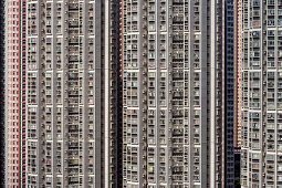 Detail von sozialem Wohnungsbau in der Satelittenstadt Tin Shu Wai, New Territories, Hongkong, China, Asien