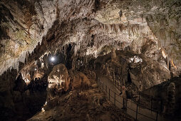 gewaltige Tropfsteine – Stalagtiten und Stalagmiten – in den Höhlen von Postojna, Slowenien, Europa