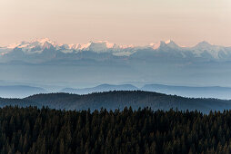 Sonnenaufgang, Ausblick nach Süden auf die Schweizer Alpen, Feldberg, Schwarzwald, Baden-Württemberg, Deutschland