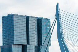 'Die Erasmusbrücke mit Blick auf das Hochhaus ''De Rotterdam'' am Südufer der Maas, Rotterdam, Provinz Südholland, Niederlande '