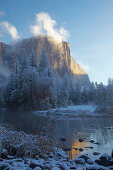 View at Merced River and El Capitan with snow , Yosemite Valley , Yosemite National Park , Sierra Nevada , California , U.S.A. , America