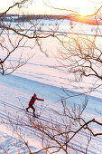 Women skiing over a snow covered field at sunset, tracks in the snow, Harz, MR, Sankt Andreasberg, Lower Saxony, Germany