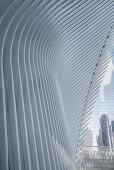 the Oculus und das One World Trade Center, futuristischer Bahnhof des Star Architekten Santiago Calatrava bei der World Trade Center Gedenkstätte, Manhattan, New York, USA, Vereinigte Staaten von Amerika