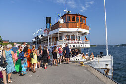 Steamboat Norrskaer at ferry harbour in Vaxholm, Stockholm archipelago, Uppland, Stockholms land, South Sweden, Sweden, Scandinavia, Northern Europe