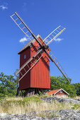 Red windmill on the isle Lidoe, Northern Stockholm archipelago, Stockholms County, Uppland, Scandinavia, South Sweden, Sweden,  Northern Europe