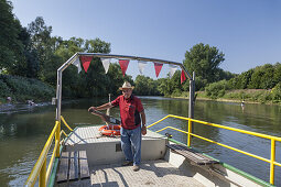 One-man ferry over the Sieg near Bergheim, tributary of the Rhine, Troisdorf, North Rhine-Westphalia, Germany