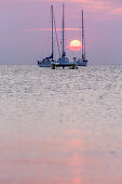 Sailboats in the sunset over the Baltic Sea near Ærøskøbing, Island Ærø, South Funen Archipelago, Danish South Sea Islands, Southern Denmark, Denmark, Scandinavia, Northern Europe