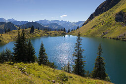 Lake Seealpsee, at Nebelhorn, near Oberstdorf, Allgaeu Alps, Allgaeu, Bavaria, Germany