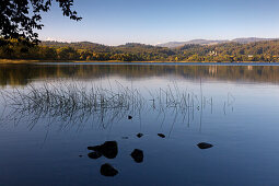 View over Laacher See to Maria Laach monastery, Eifel, Rhineland-Palatinate, Germany